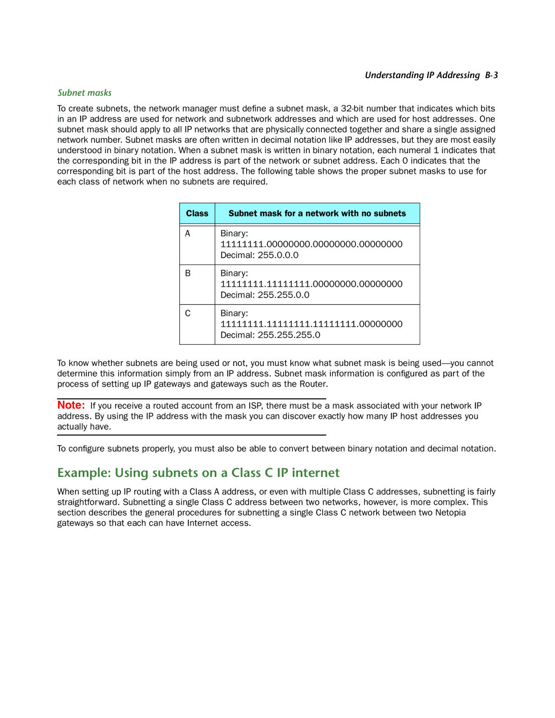 Netopia 3300-ENT manual Example Using subnets on a Class C IP internet, Subnet masks 