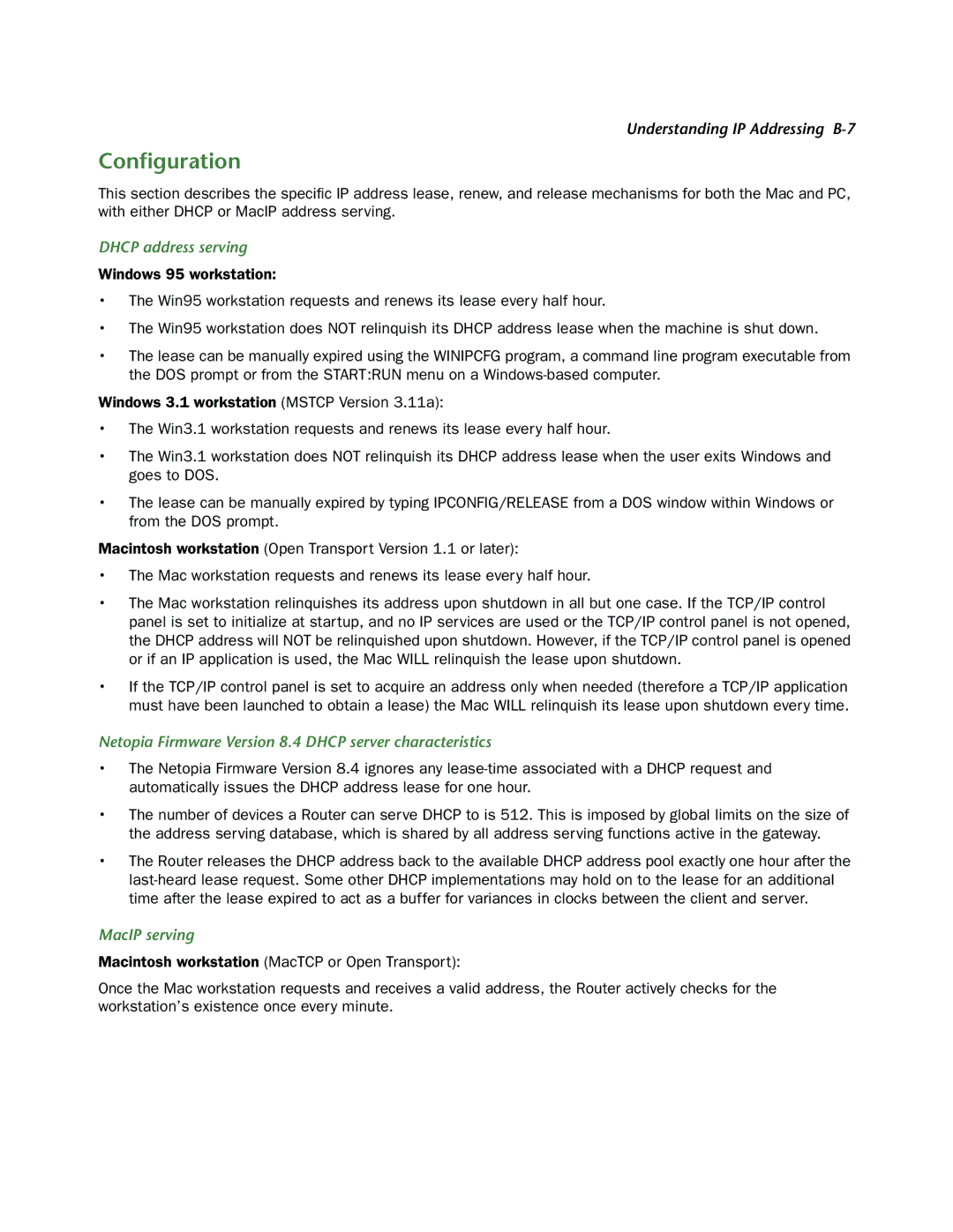 Netopia 3300-ENT manual Conﬁguration, Dhcp address serving, Netopia Firmware Version 8.4 Dhcp server characteristics 