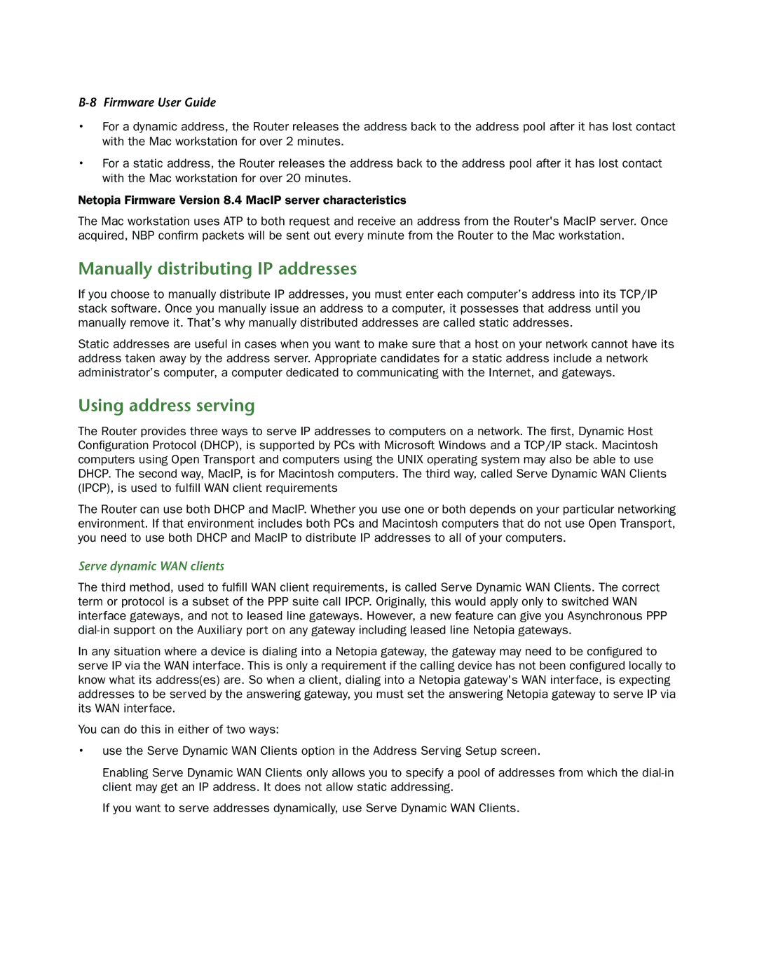 Netopia 3300-ENT manual Manually distributing IP addresses, Using address serving, Serve dynamic WAN clients 