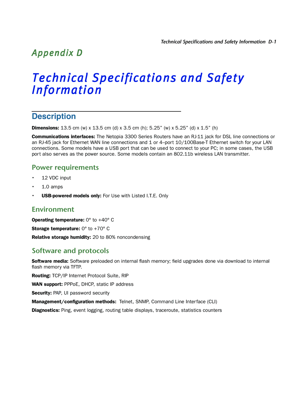 Netopia 3300-ENT manual Description, Power requirements, Environment, Software and protocols 