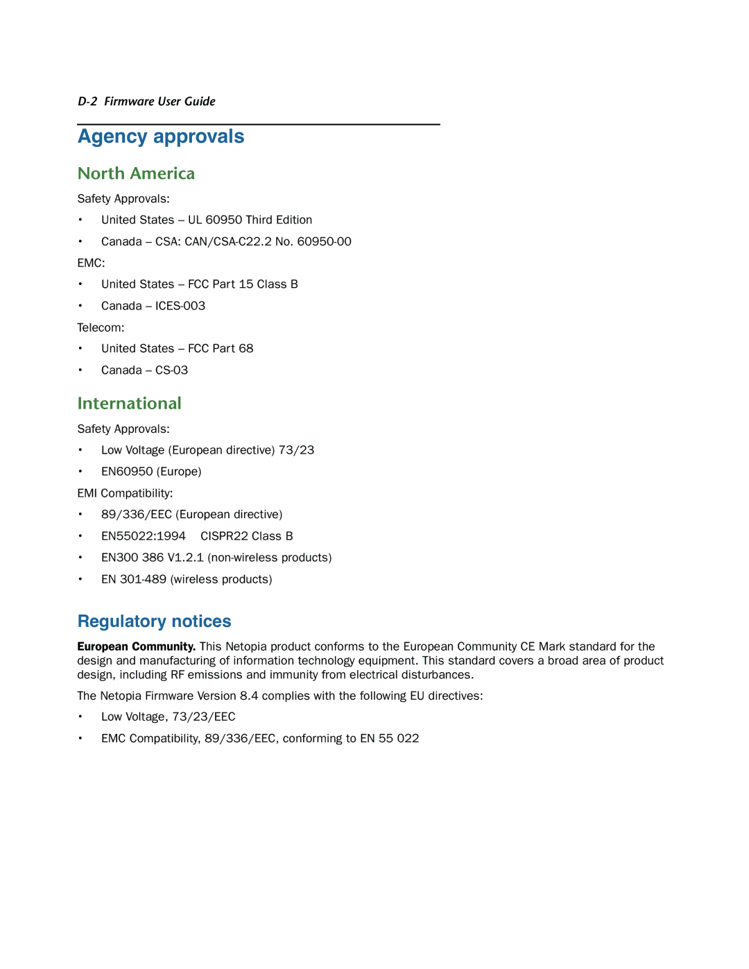 Netopia 3300-ENT manual Agency approvals, North America, International 