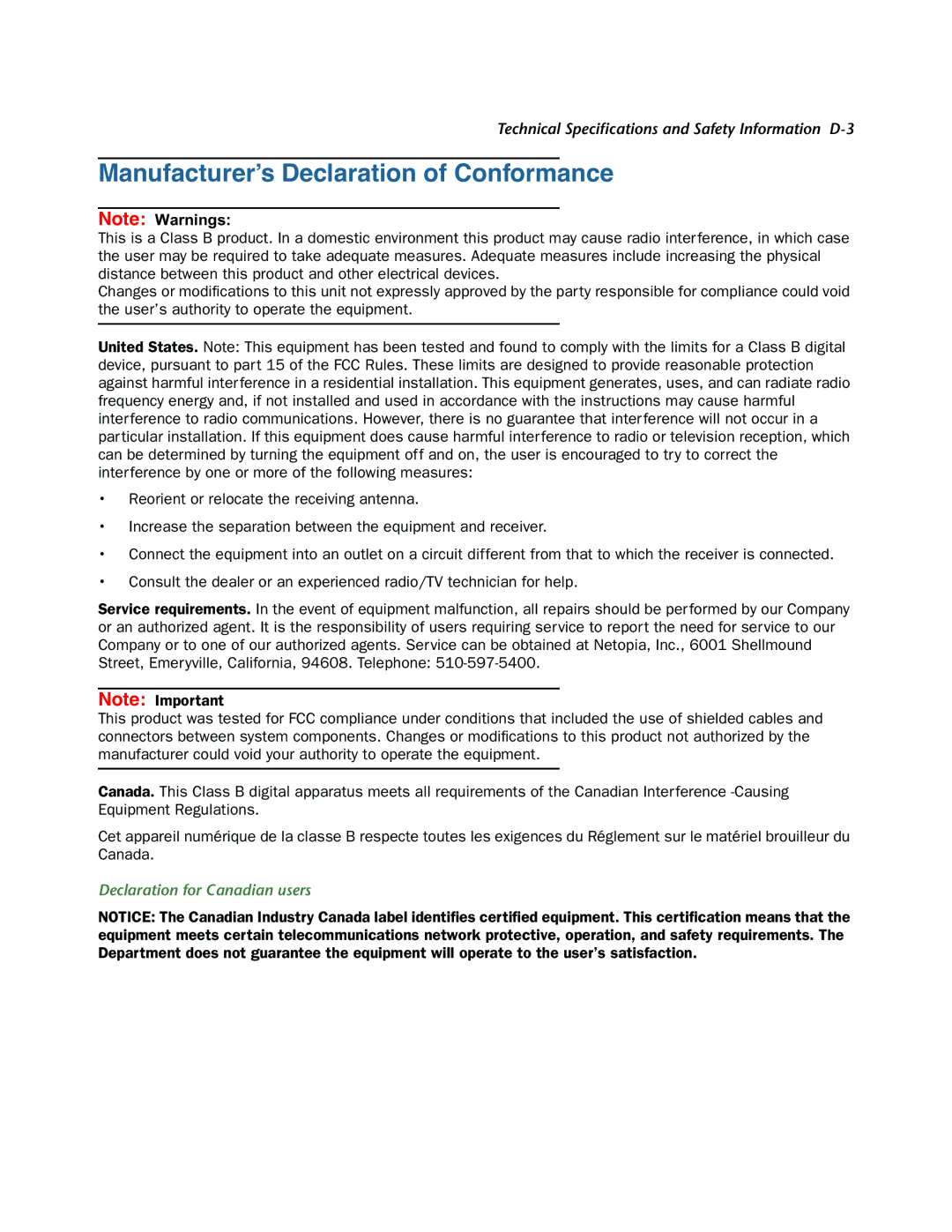 Netopia 3300-ENT manual Manufacturer’s Declaration of Conformance, Declaration for Canadian users 