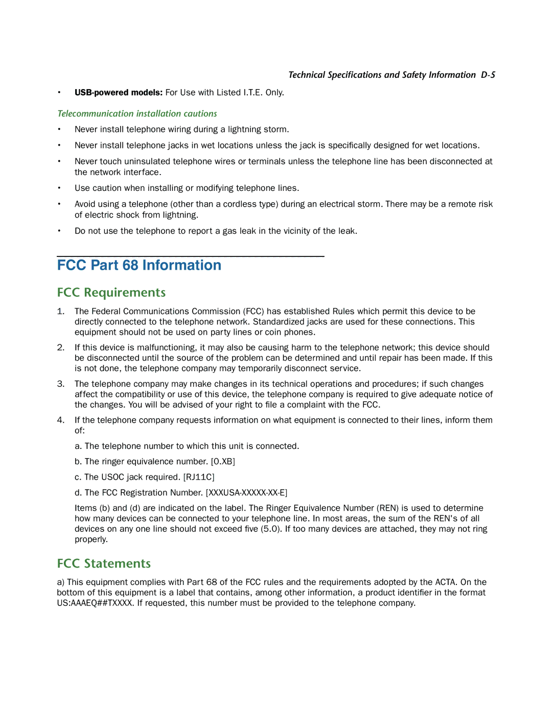 Netopia 3300-ENT manual FCC Part 68 Information, FCC Requirements, FCC Statements, Telecommunication installation cautions 