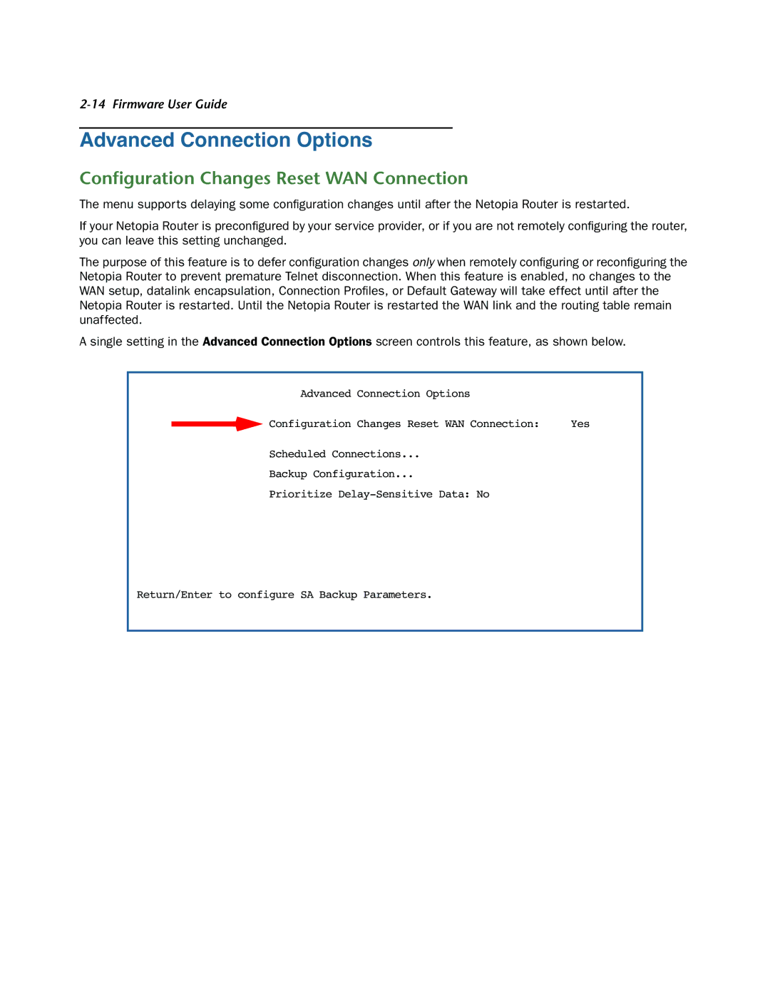 Netopia 3300-ENT manual Advanced Connection Options, Conﬁguration Changes Reset WAN Connection 