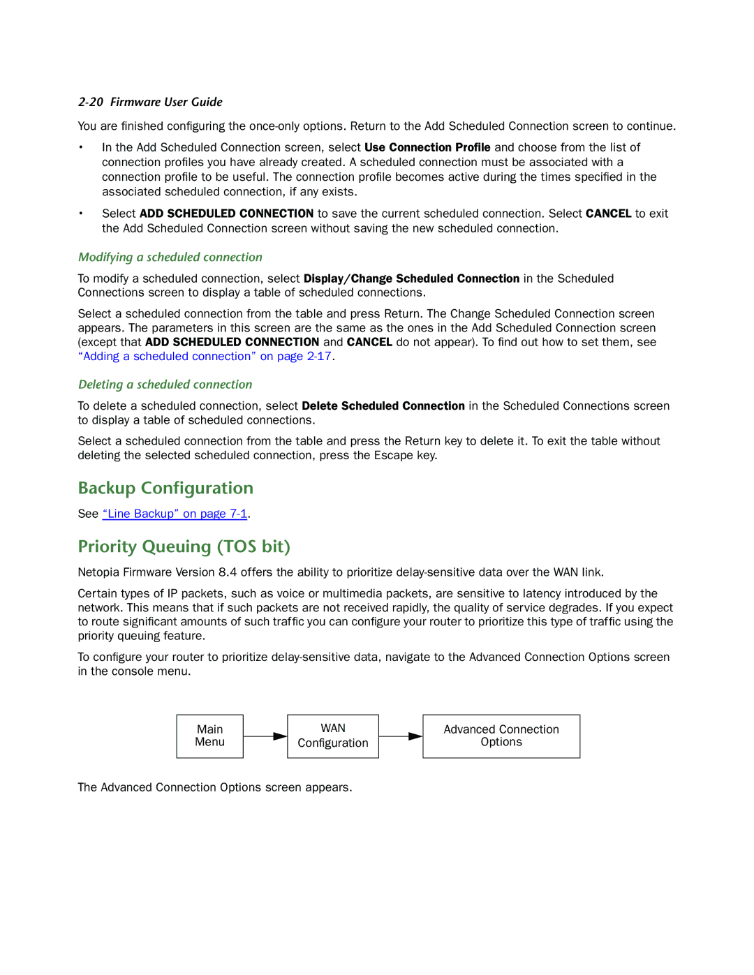 Netopia 3300-ENT manual Backup Conﬁguration, Priority Queuing TOS bit, Modifying a scheduled connection 