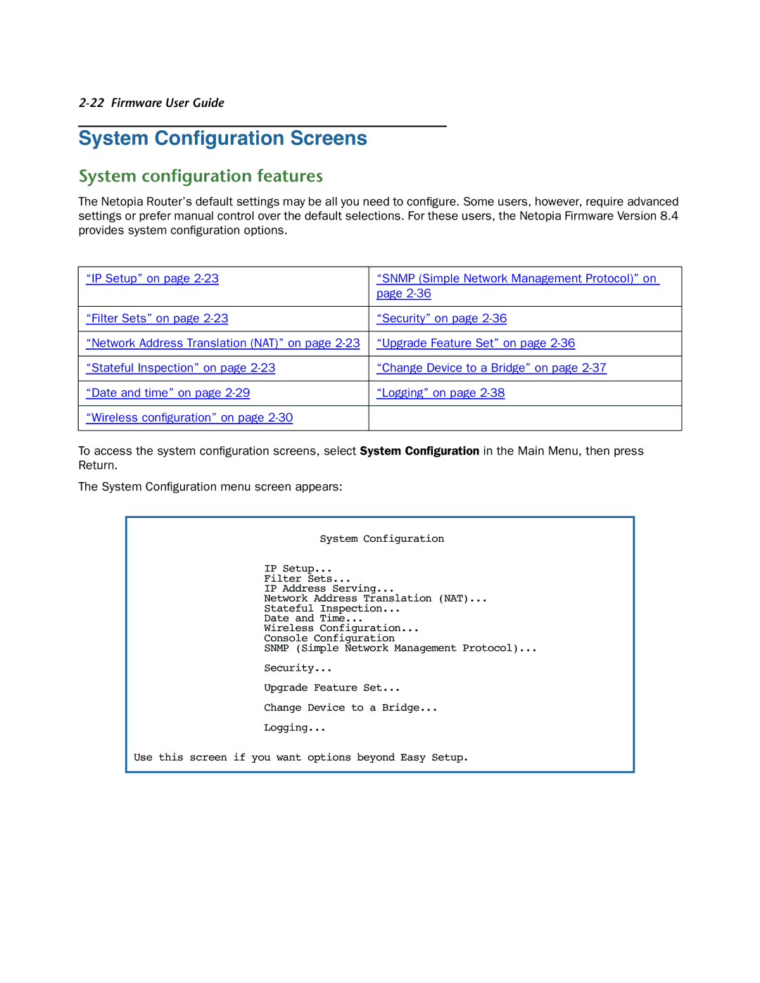 Netopia 3300-ENT manual System Conﬁguration Screens, System conﬁguration features 