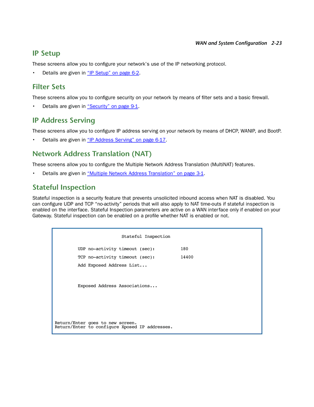 Netopia 3300-ENT manual IP Setup, Filter Sets, IP Address Serving, Network Address Translation NAT, Stateful Inspection 