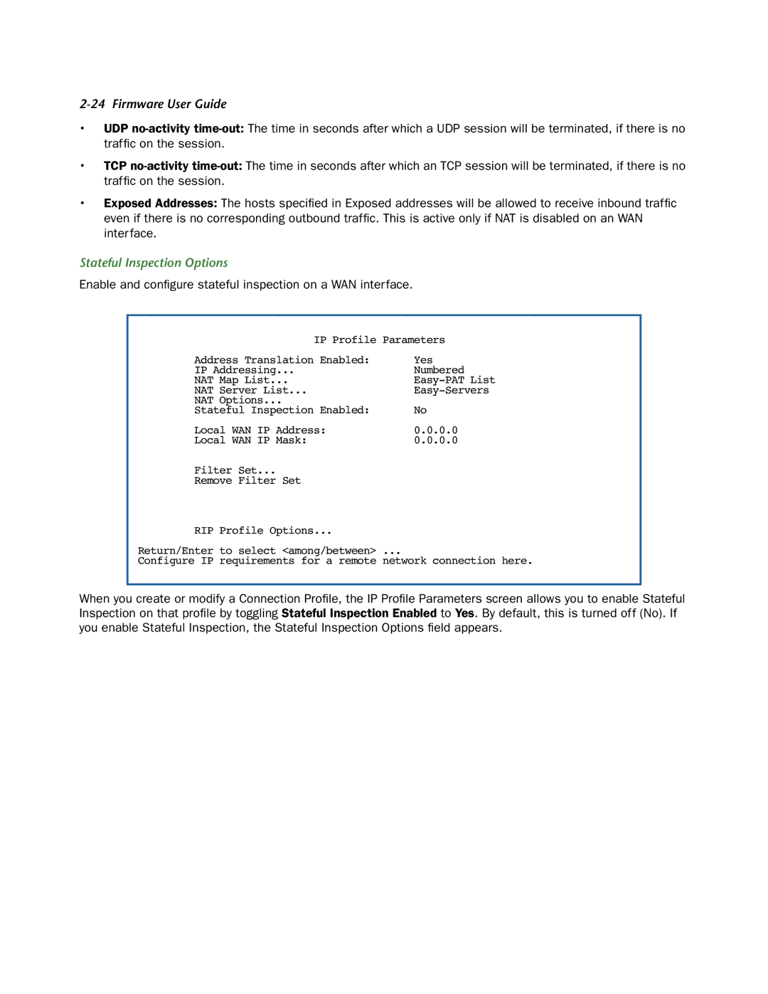 Netopia 3300-ENT manual Stateful Inspection Options, Enable and conﬁgure stateful inspection on a WAN interface 