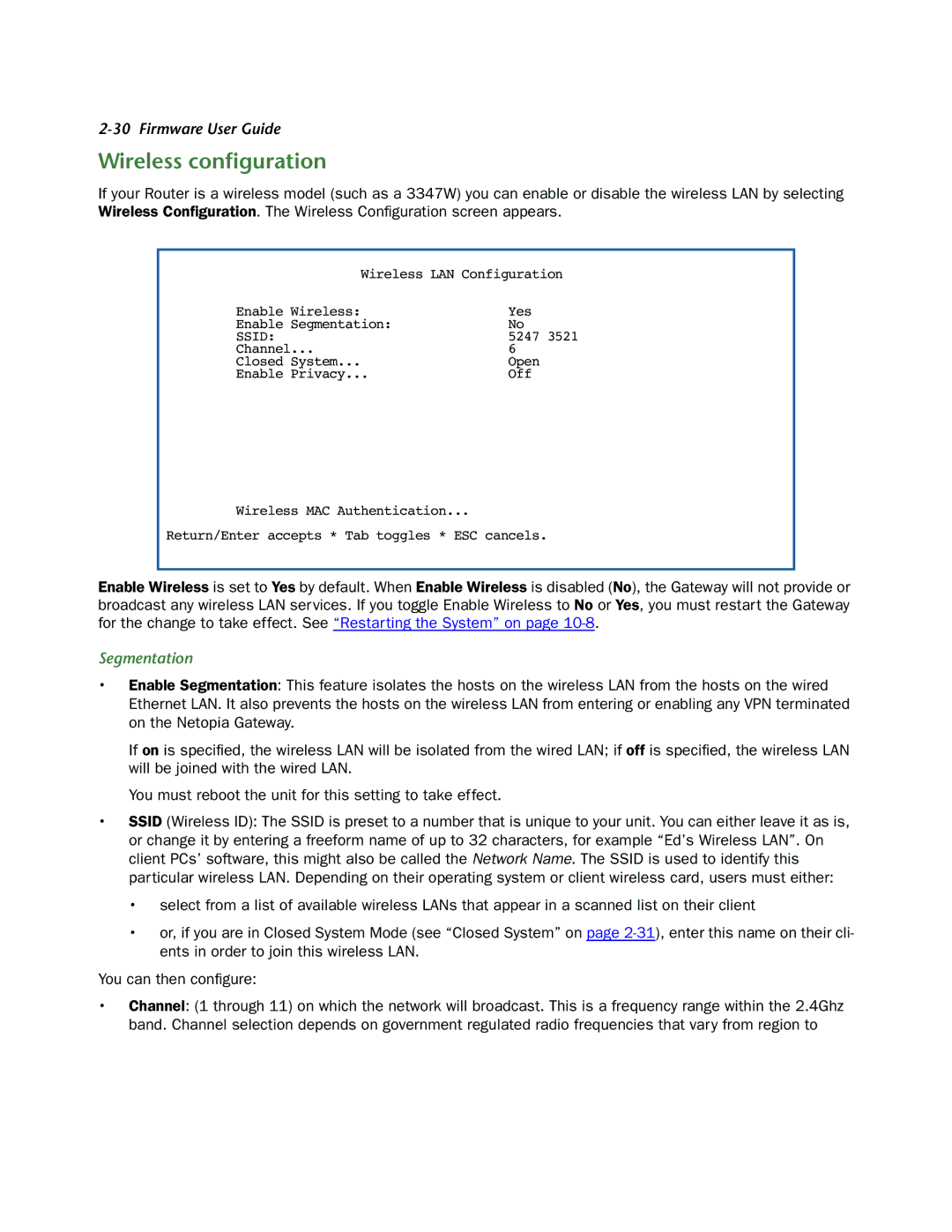 Netopia 3300-ENT manual Wireless conﬁguration, Segmentation 