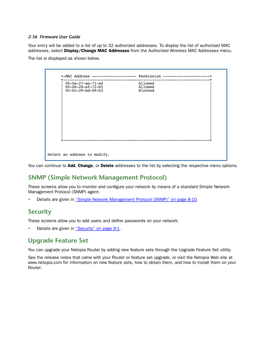 Netopia 3300-ENT manual Snmp Simple Network Management Protocol, Security, Upgrade Feature Set 