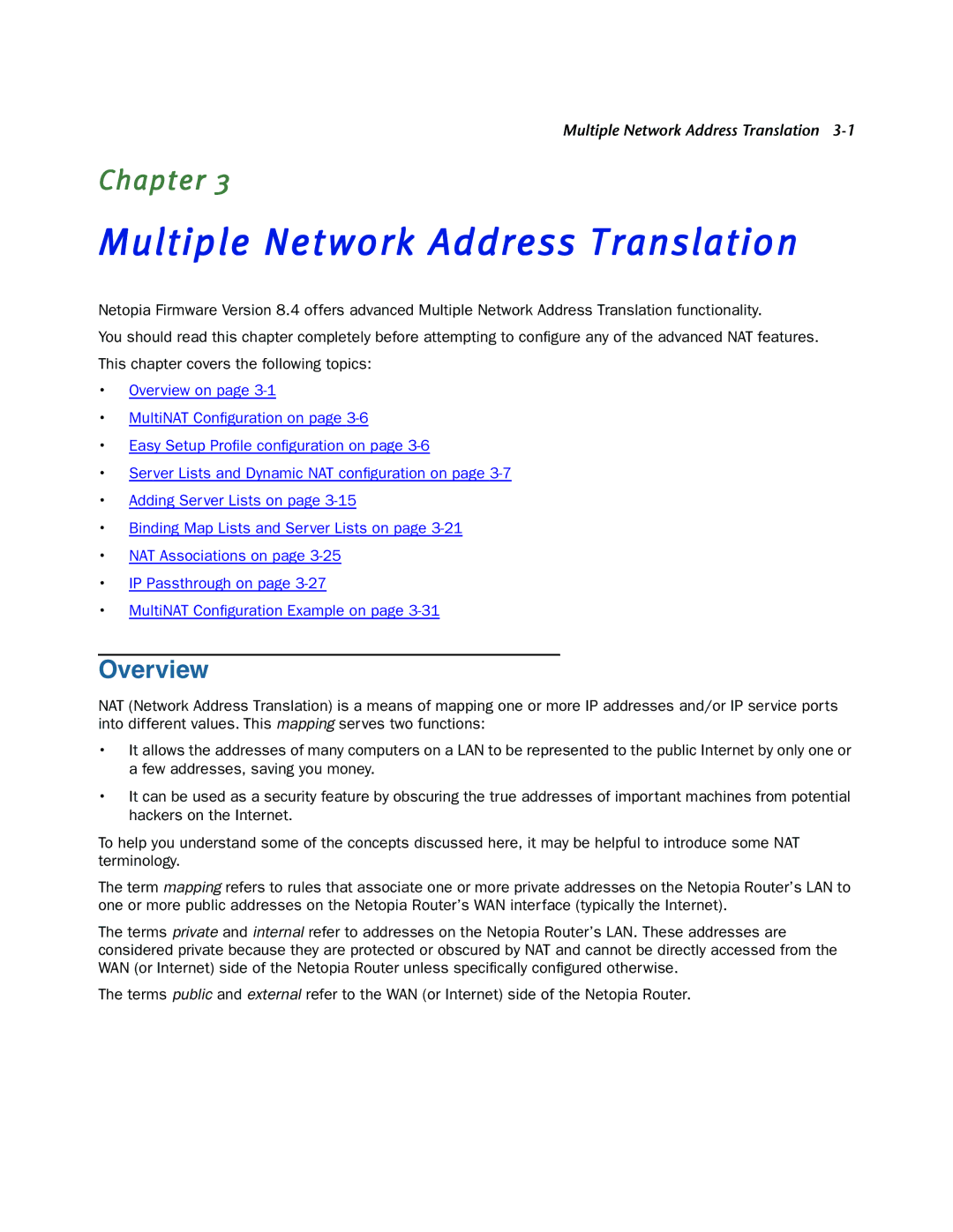 Netopia 3300-ENT manual Multiple Network Address Translation, Overview 