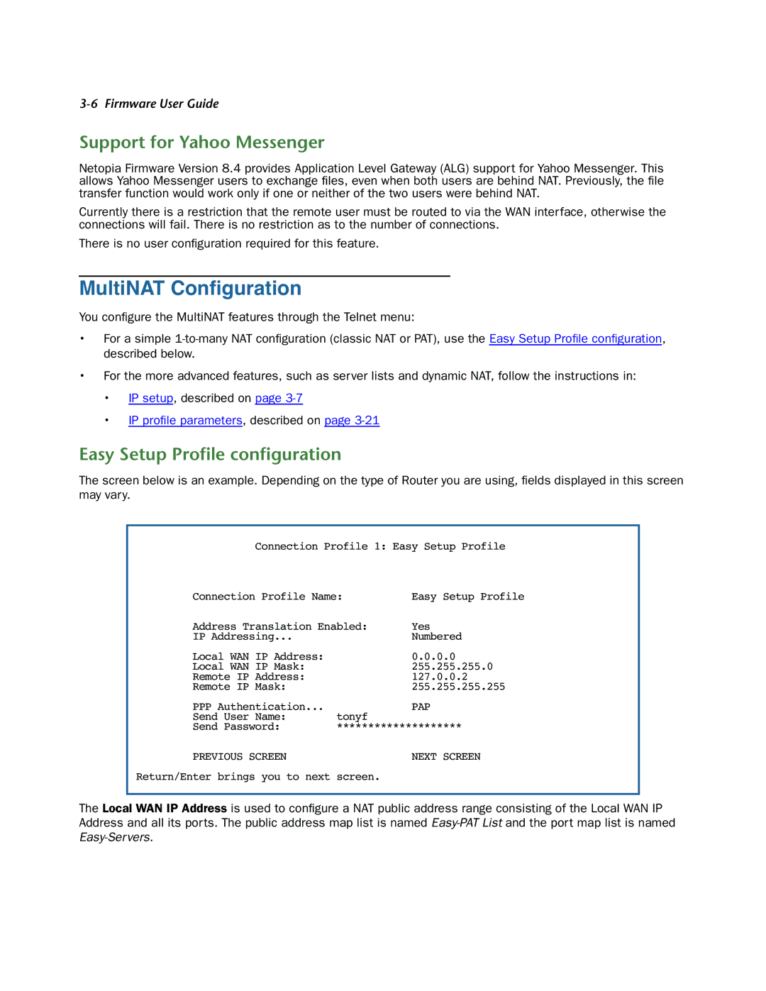 Netopia 3300-ENT manual MultiNAT Conﬁguration, Support for Yahoo Messenger, Easy Setup Proﬁle conﬁguration 