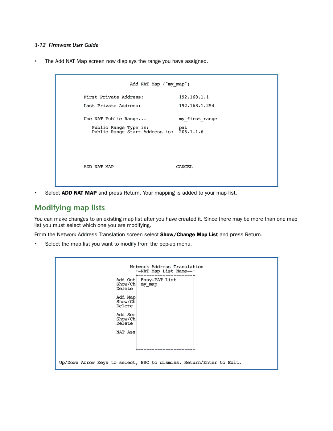 Netopia 3300-ENT manual Modifying map lists, Add NAT Map screen now displays the range you have assigned 