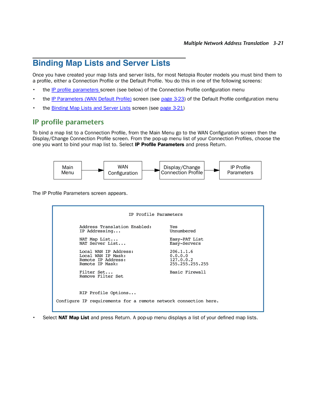 Netopia 3300-ENT manual Binding Map Lists and Server Lists, IP proﬁle parameters 