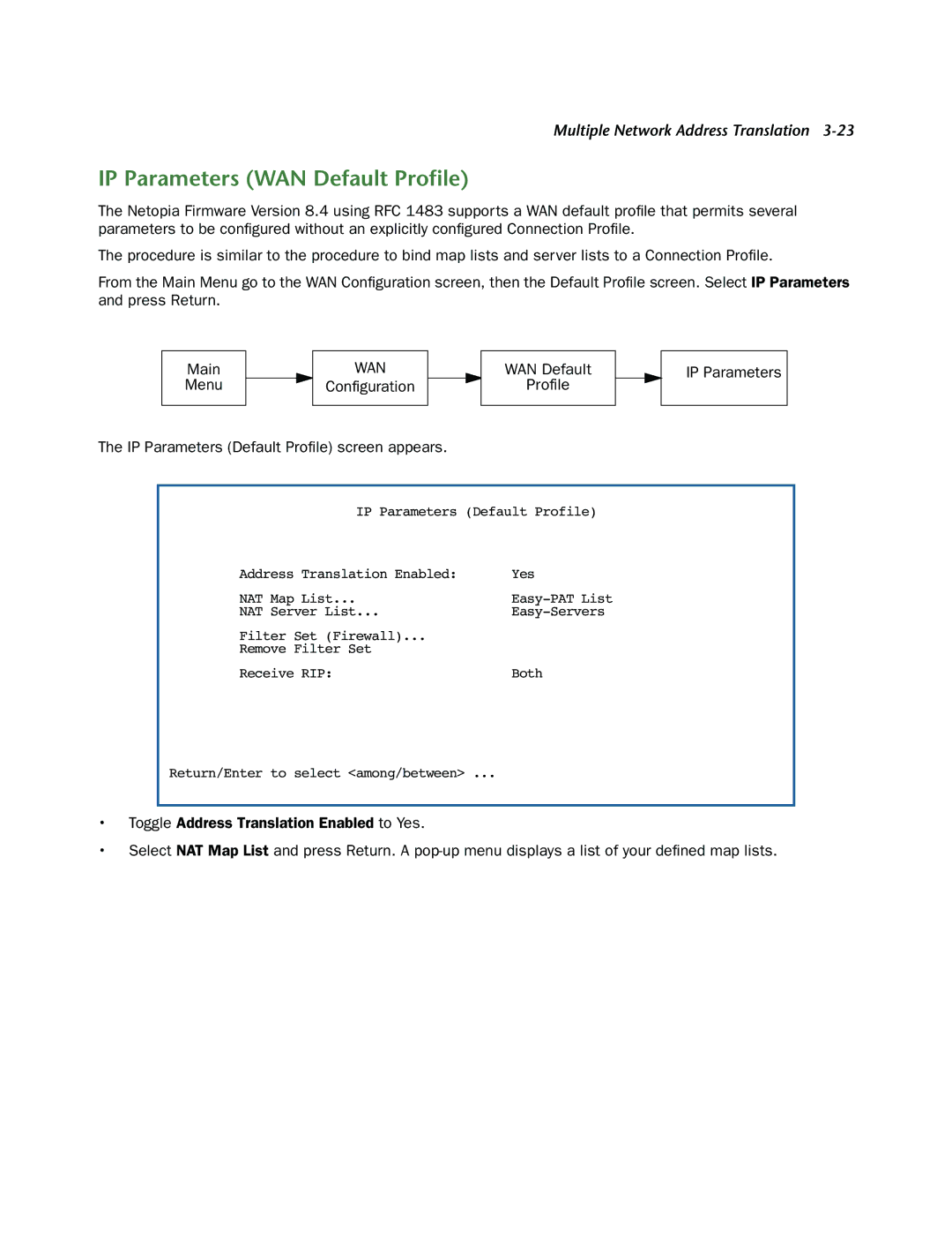 Netopia 3300-ENT manual IP Parameters WAN Default Proﬁle 