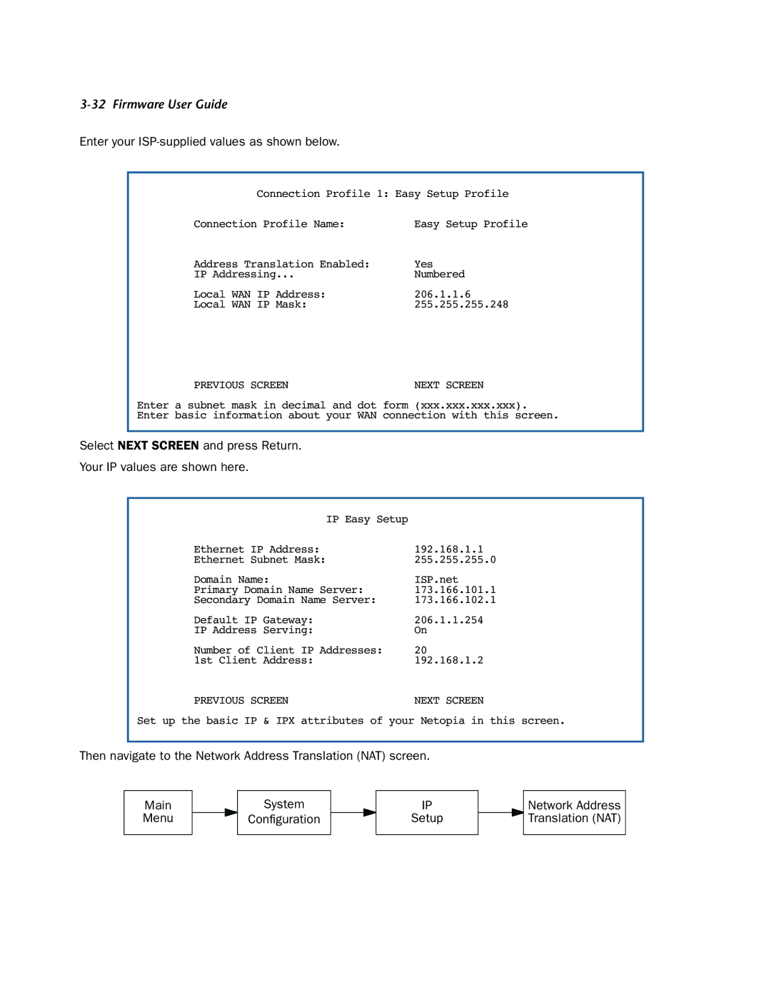 Netopia 3300-ENT manual Enter your ISP-supplied values as shown below, Previous Screen 