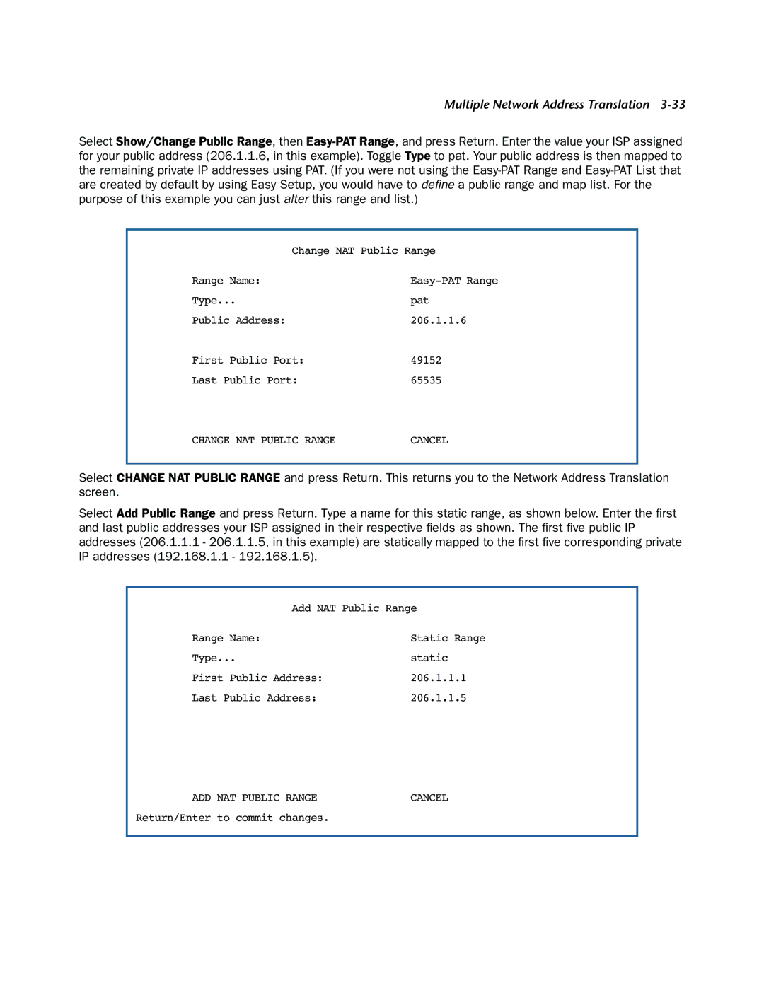 Netopia 3300-ENT manual Change NAT Public Range 