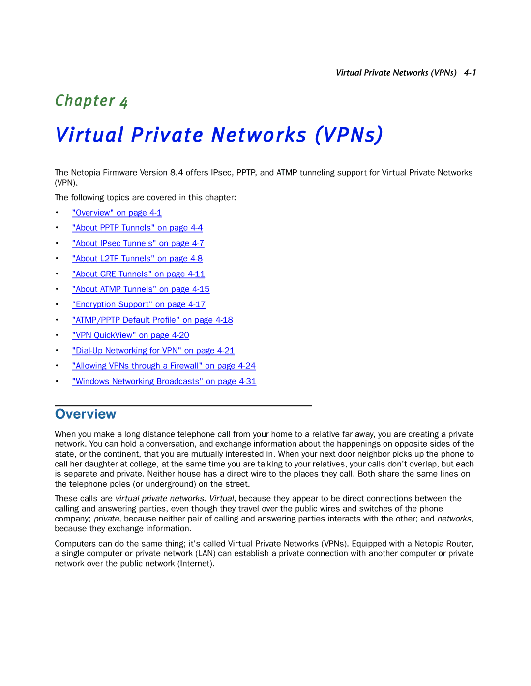 Netopia 3300-ENT manual Virtual Private Networks VPNs 