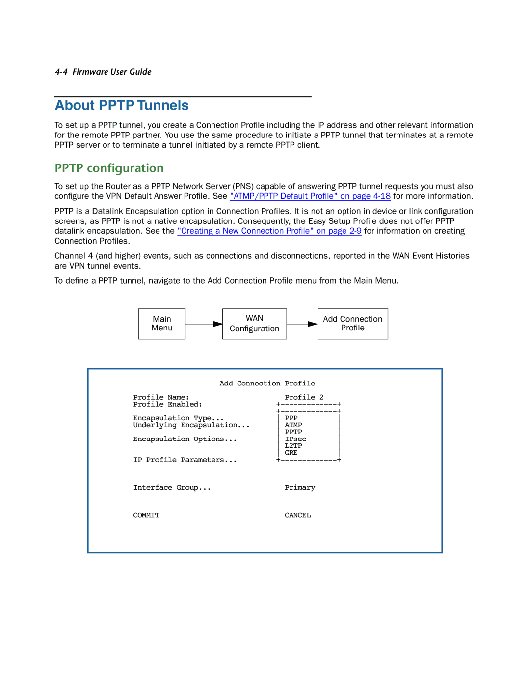 Netopia 3300-ENT manual About Pptp Tunnels, Pptp conﬁguration, Configuration Add Connection Profile 