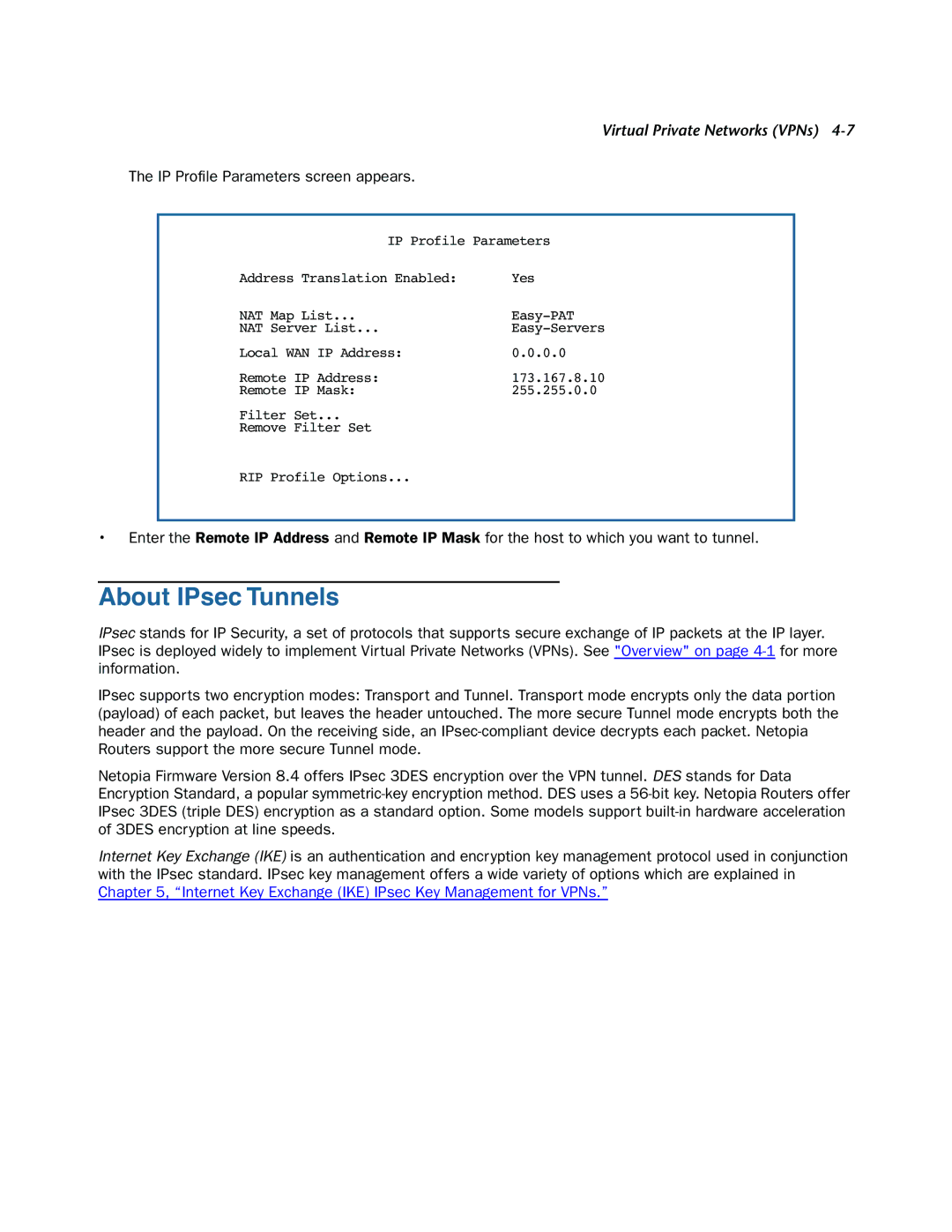 Netopia 3300-ENT manual About IPsec Tunnels, IP Proﬁle Parameters screen appears 