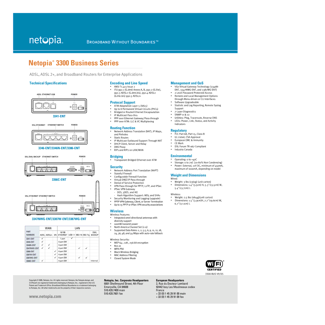 Netopia 3300 Technical Specifications, Encoding and Line Speed, Protocol Support, Management and QoS, Routing Function 