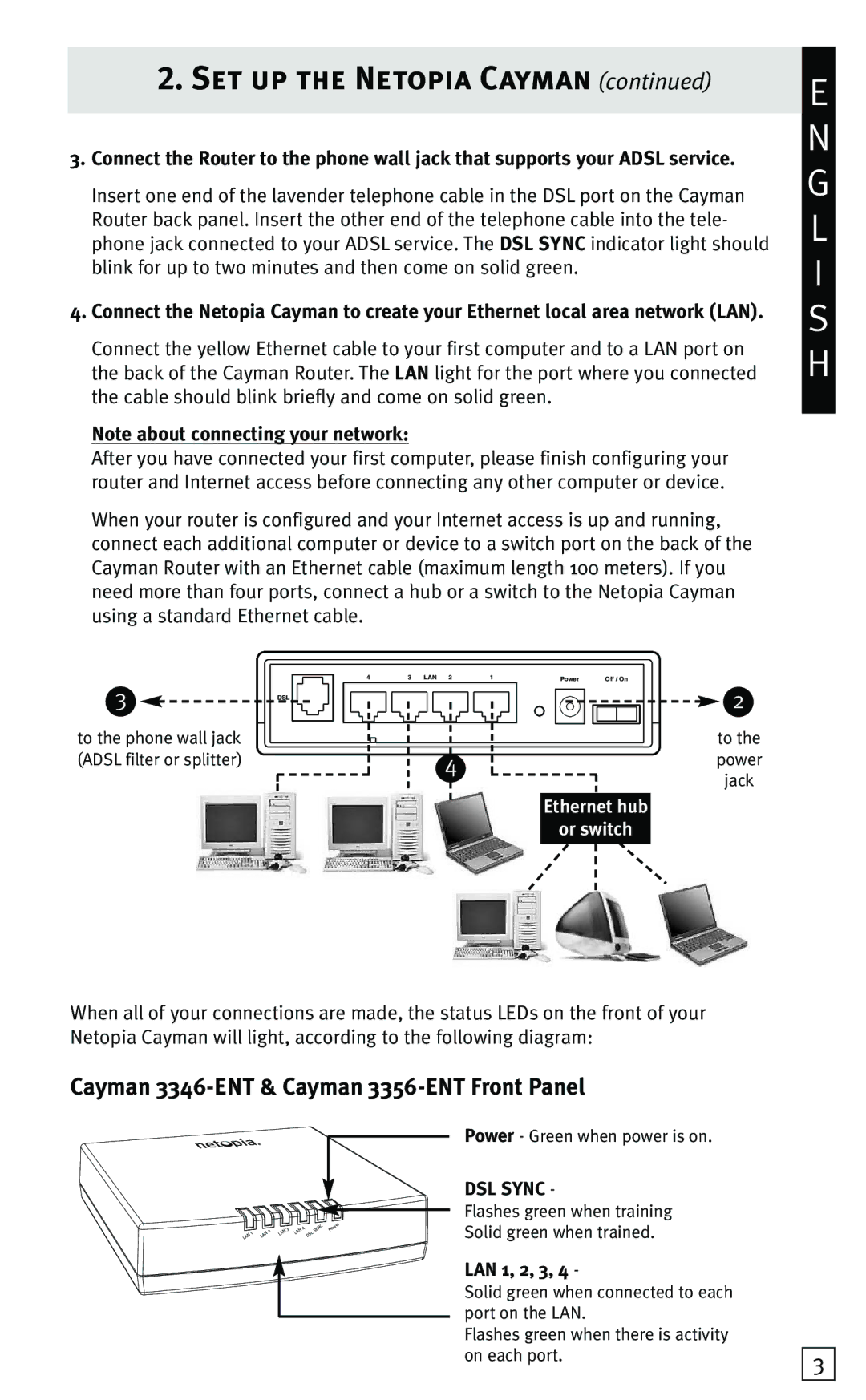 Netopia quick start Cayman 3346-ENT & Cayman 3356-ENT Front Panel, LAN 1, 2, 3 