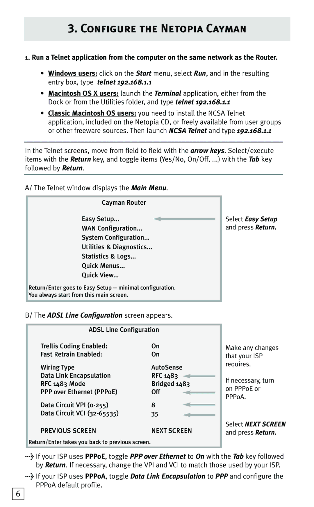 Netopia 3346-ENT, 3356-ENT quick start Configure the Netopia Cayman, Adsl Line Configuration screen appears 