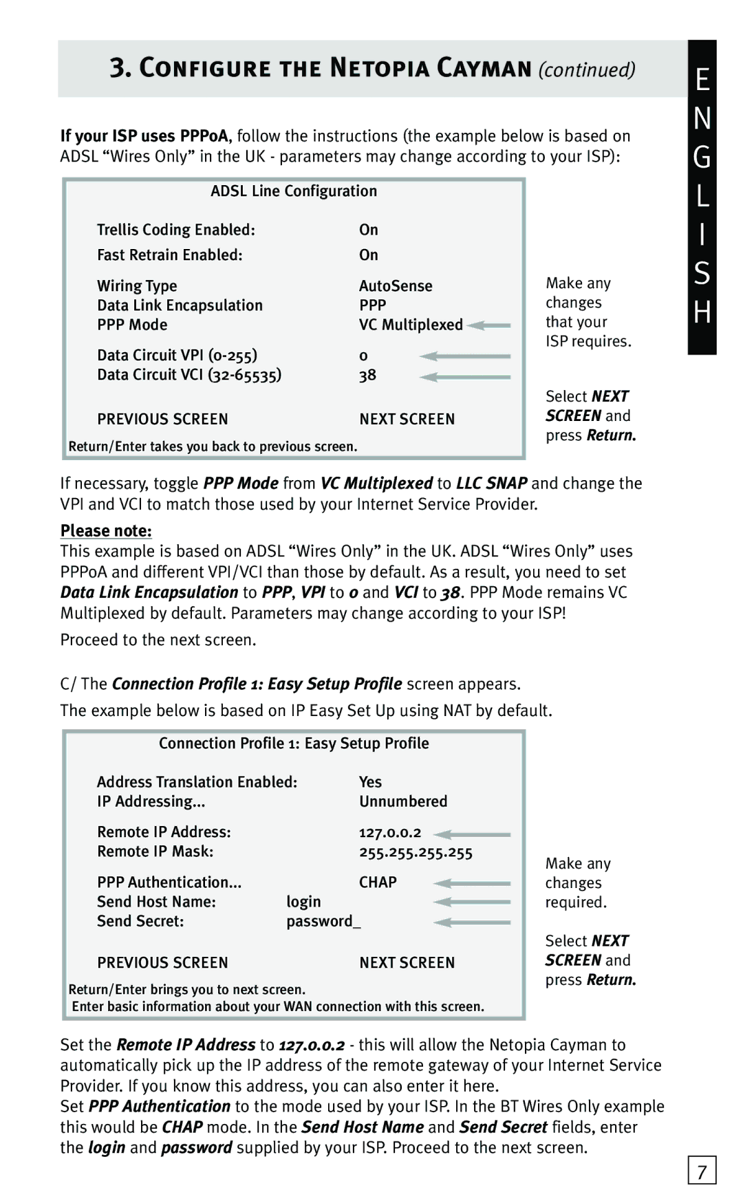 Netopia 3356-ENT, 3346-ENT quick start Please note, Connection Profile 1 Easy Setup Profile screen appears 