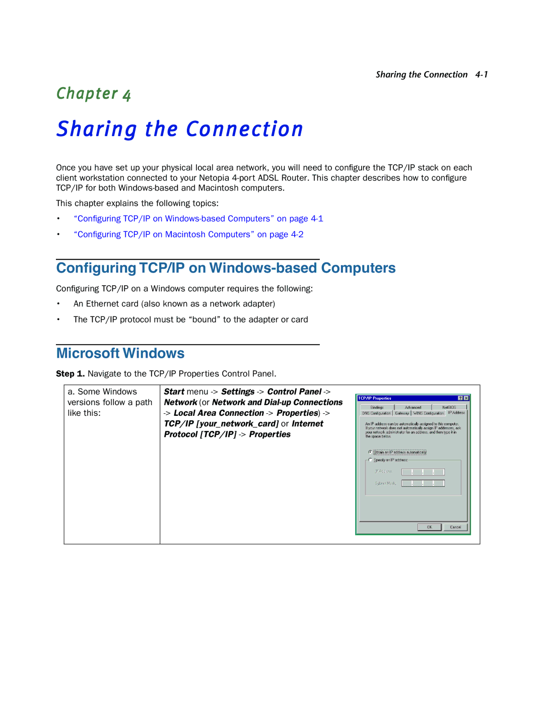 Netopia 3346NENT, 3346N-ENT manual Sharing the Connection, Conﬁguring TCP/IP on Windows-based Computers, Microsoft Windows 