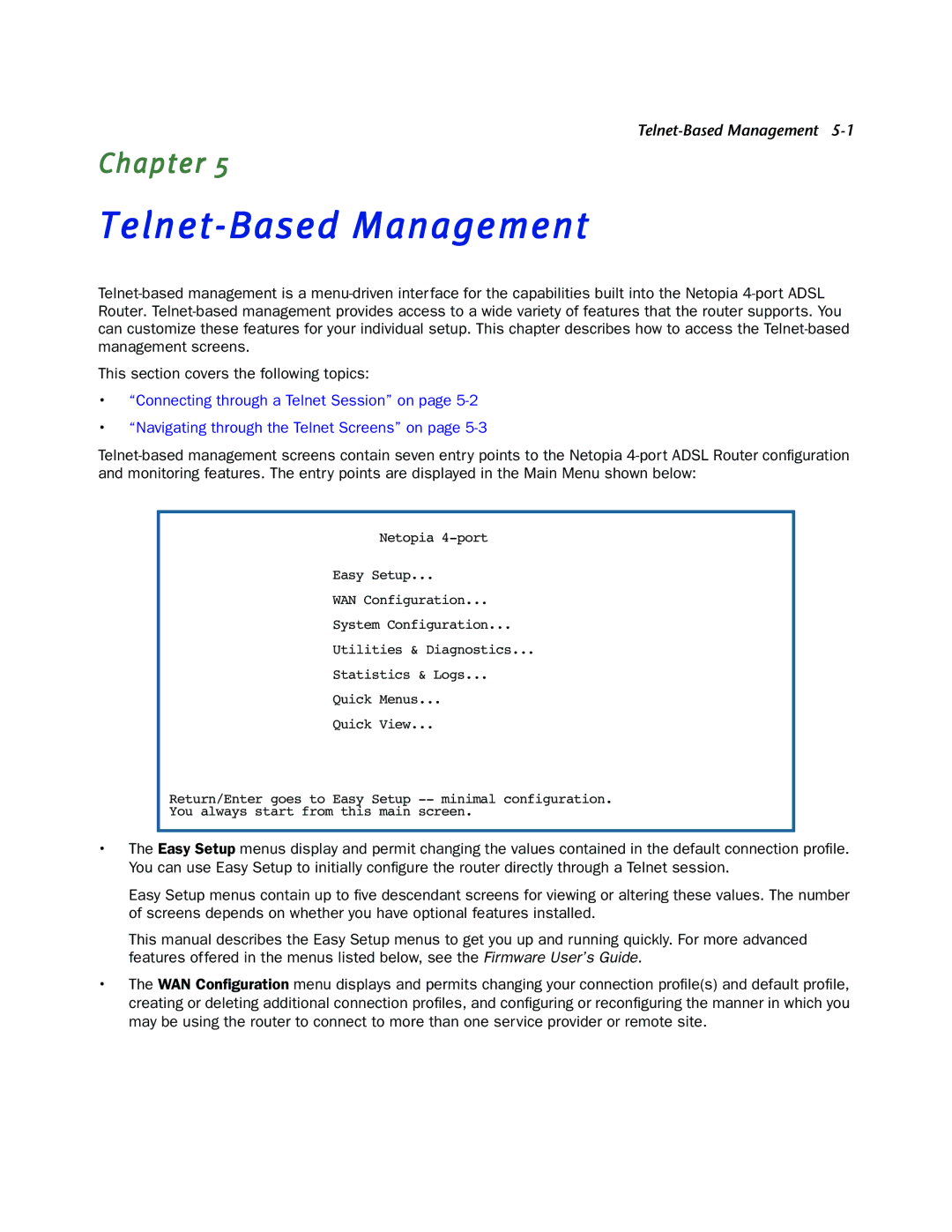 Netopia 3346NENT, 3346N-ENT manual Telnet-Based Management 