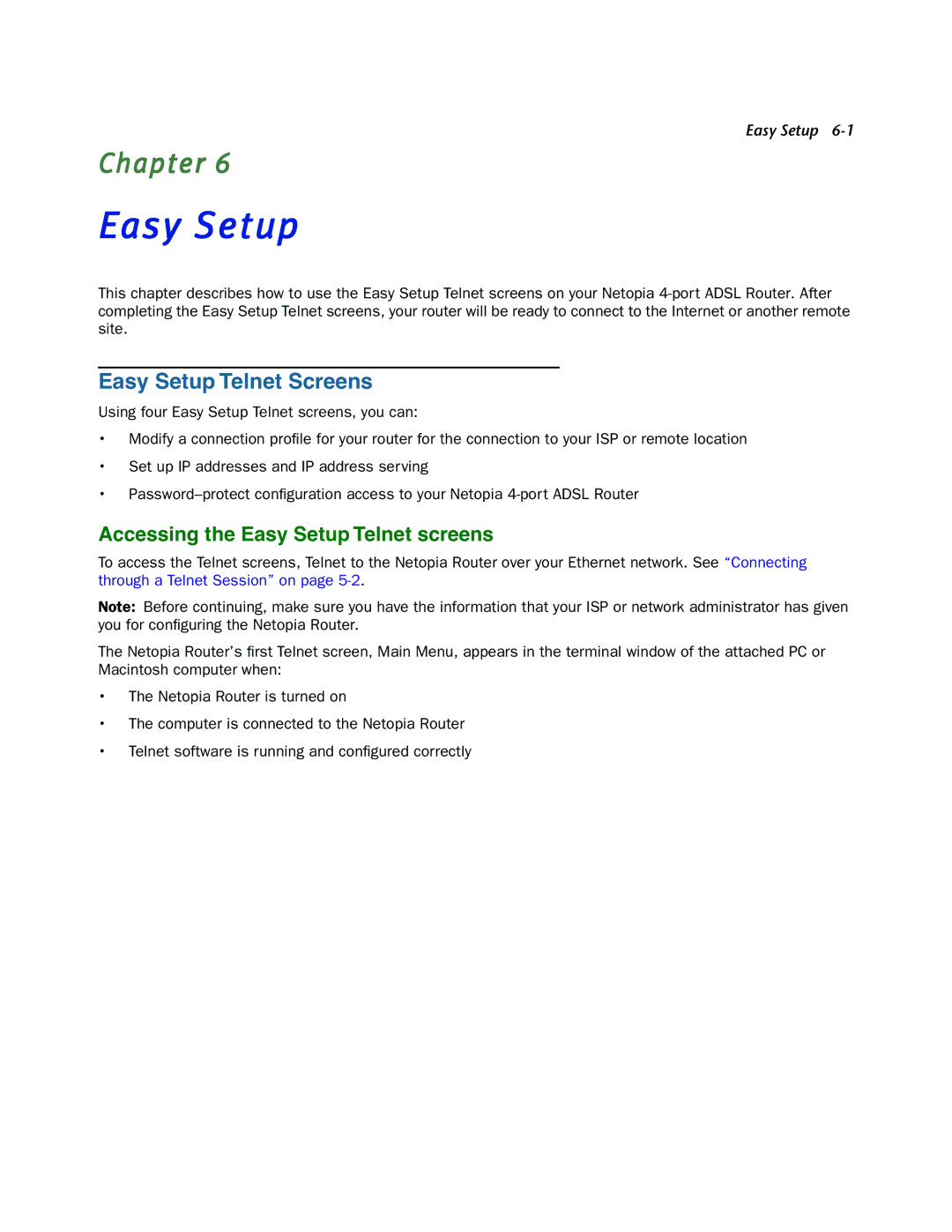 Netopia 3346NENT, 3346N-ENT manual Easy Setup Telnet Screens 