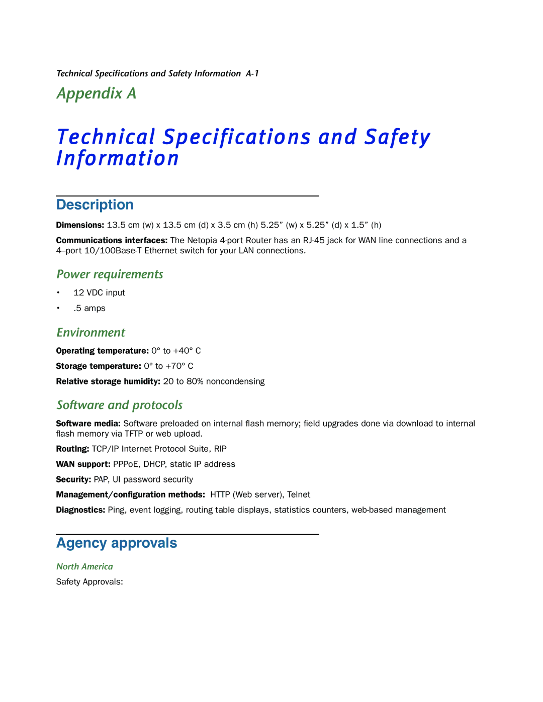 Netopia 3346NENT, 3346N-ENT manual Technical Specifications and Safety Information, Description, Agency approvals 