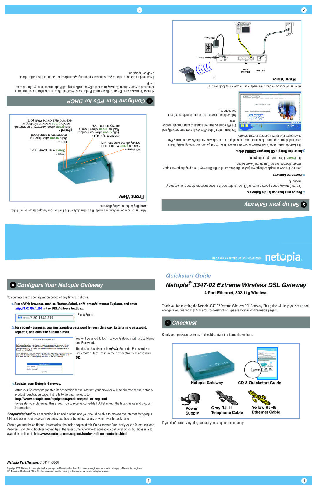 Netopia 3347-02 quick start Conﬁgure Your Netopia Gateway, Checklist, Gateway the Power.2, Register your Netopia Gateway 