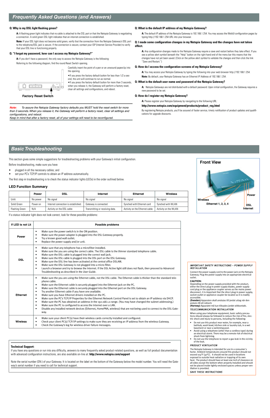 Netopia 3347-02 quick start Frequently Asked Questions and Answers, Basic Troubleshooting 