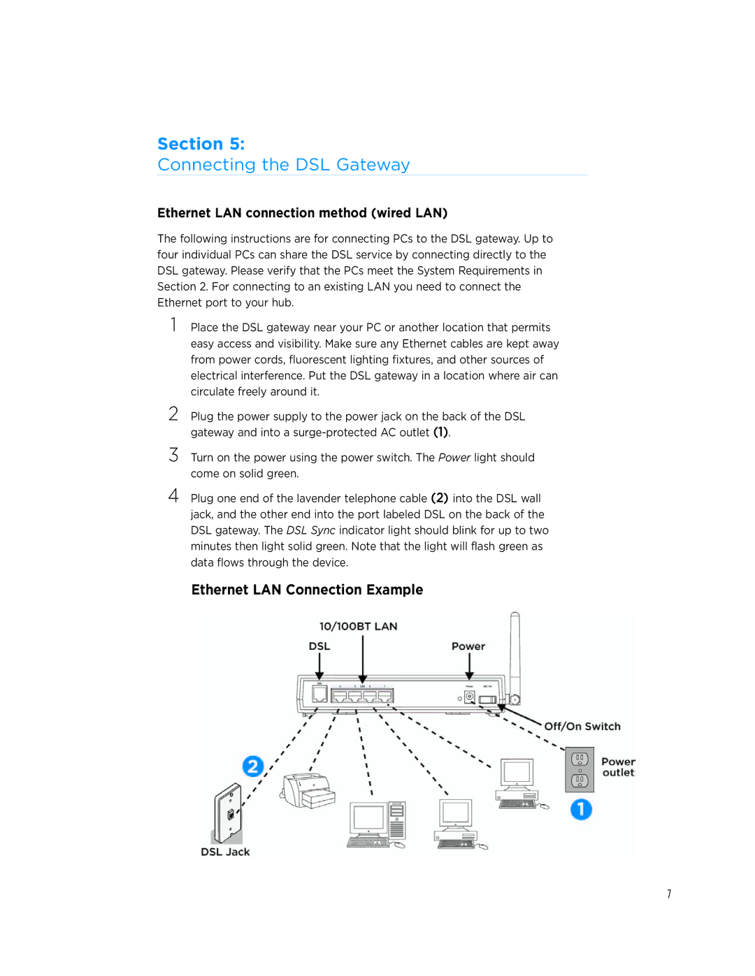 Netopia 3347NWG-VGx quick start Connecting the DSL Gateway, Ethernet LAN connection method wired LAN 