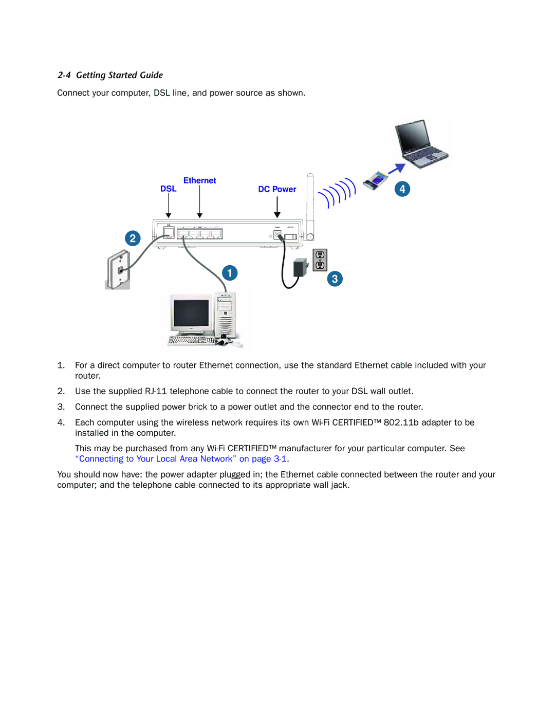 Netopia 3357W-ENT, 3347W manual Connect your computer, DSL line, and power source as shown 