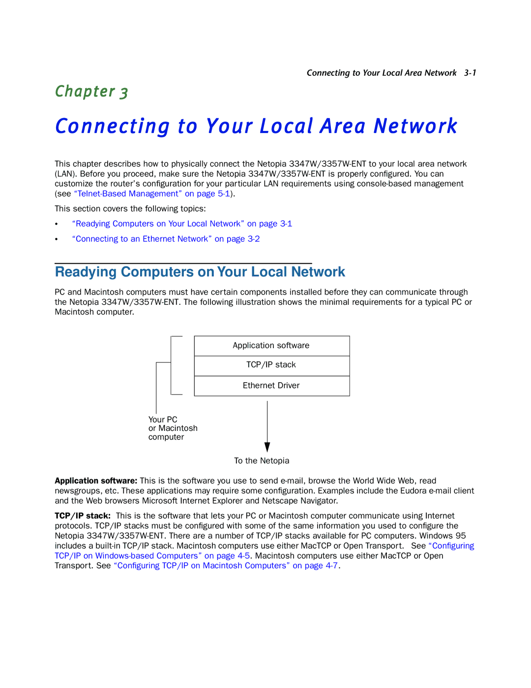 Netopia 3347W, 3357W-ENT manual Connecting to Your Local Area Network, Readying Computers on Your Local Network 