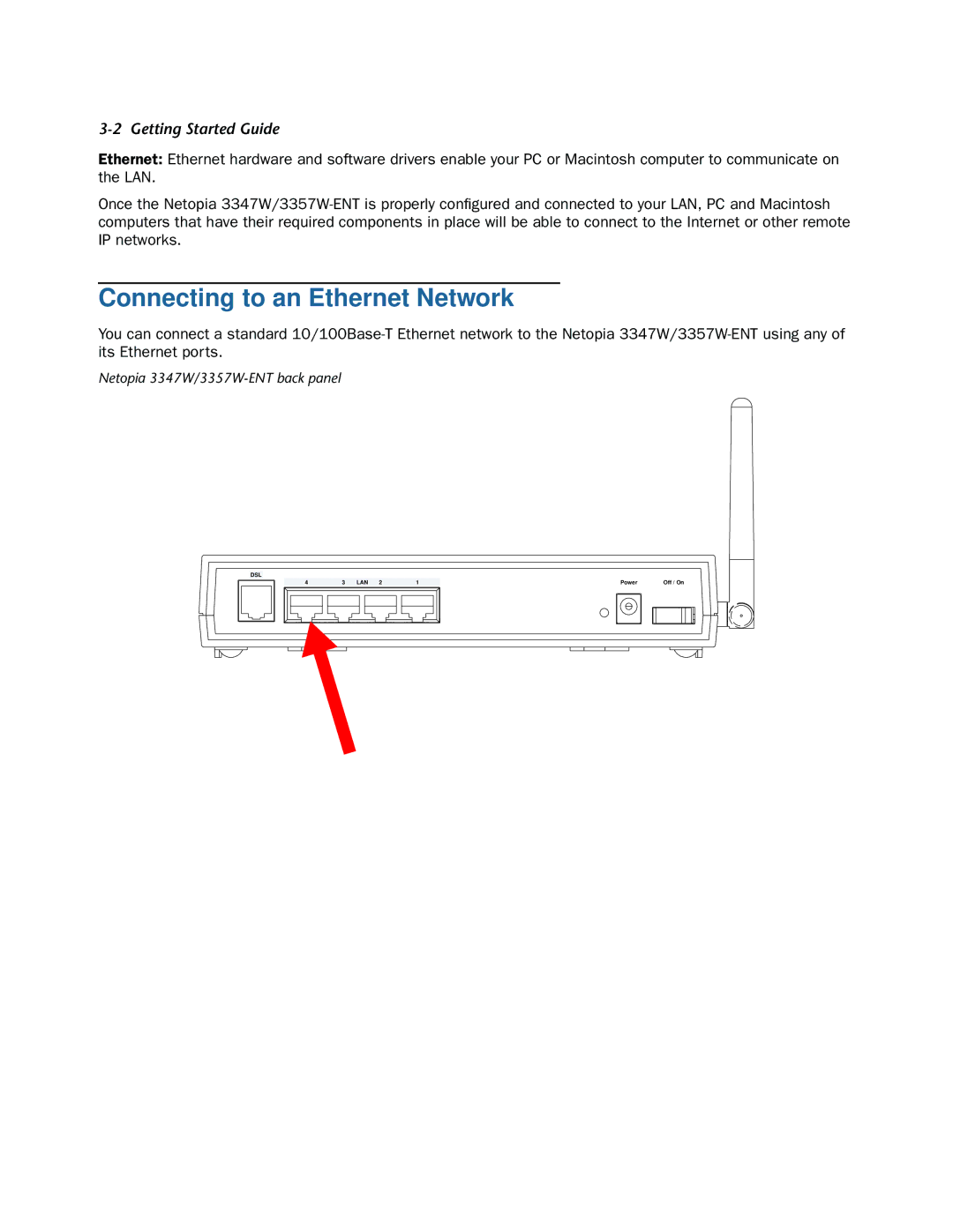 Netopia 3357W-ENT, 3347W manual Connecting to an Ethernet Network 