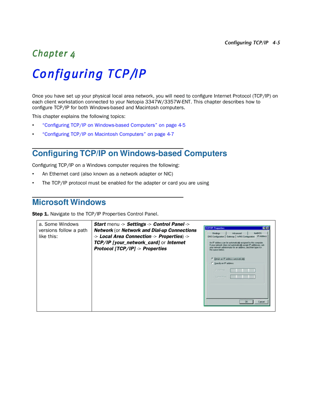 Netopia 3347W, 3357W-ENT manual Configuring TCP/IP, Conﬁguring TCP/IP on Windows-based Computers, Microsoft Windows 