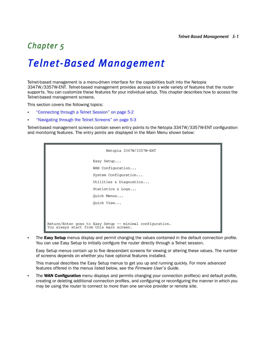 Netopia 3347W, 3357W-ENT manual Telnet-Based Management 