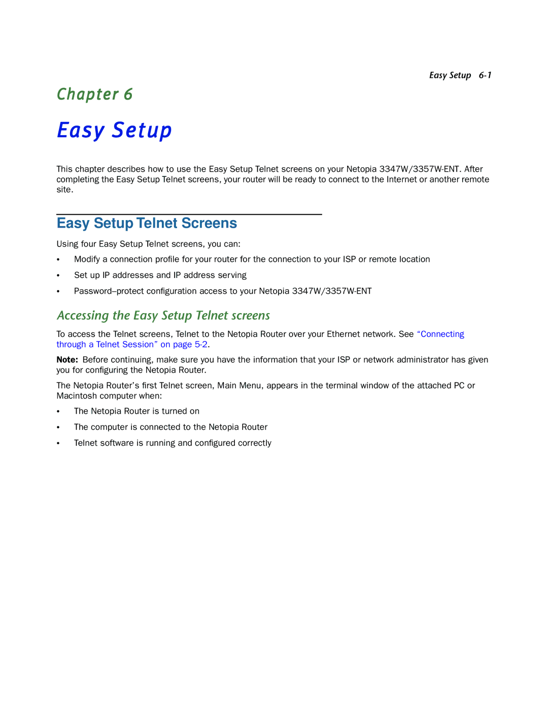 Netopia 3347W, 3357W-ENT manual Easy Setup Telnet Screens, Accessing the Easy Setup Telnet screens 