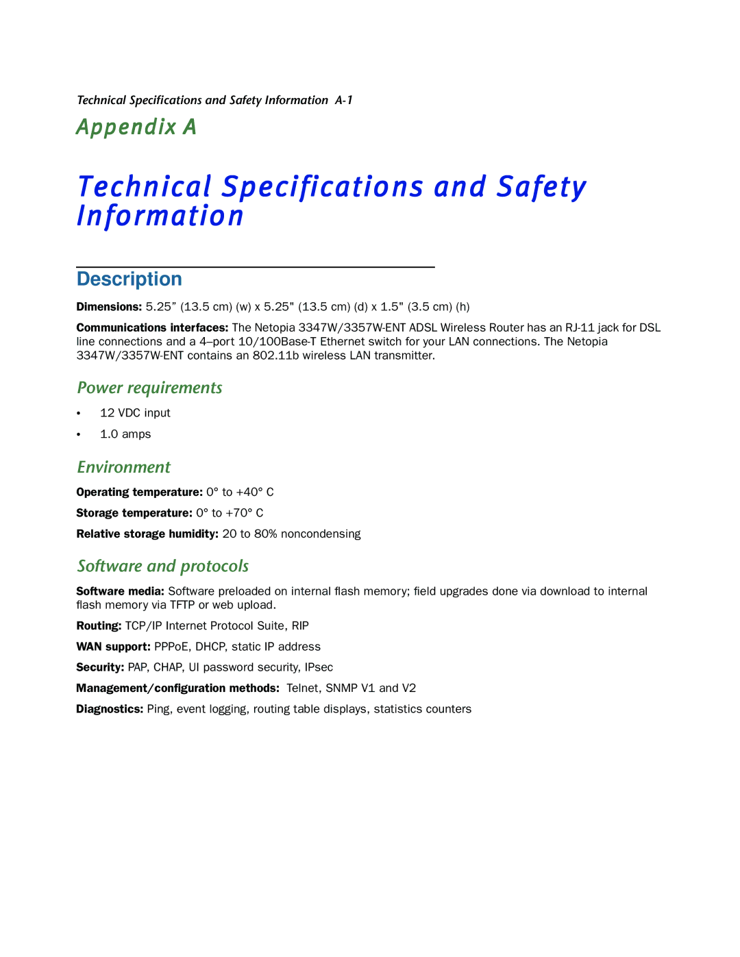 Netopia 3347W, 3357W-ENT Technical Specifications and Safety Information, Description, Power requirements, Environment 