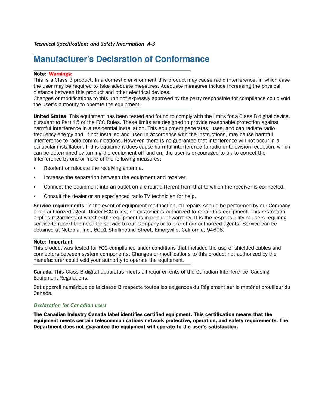 Netopia 3347W, 3357W-ENT manual Manufacturer’s Declaration of Conformance, Declaration for Canadian users 