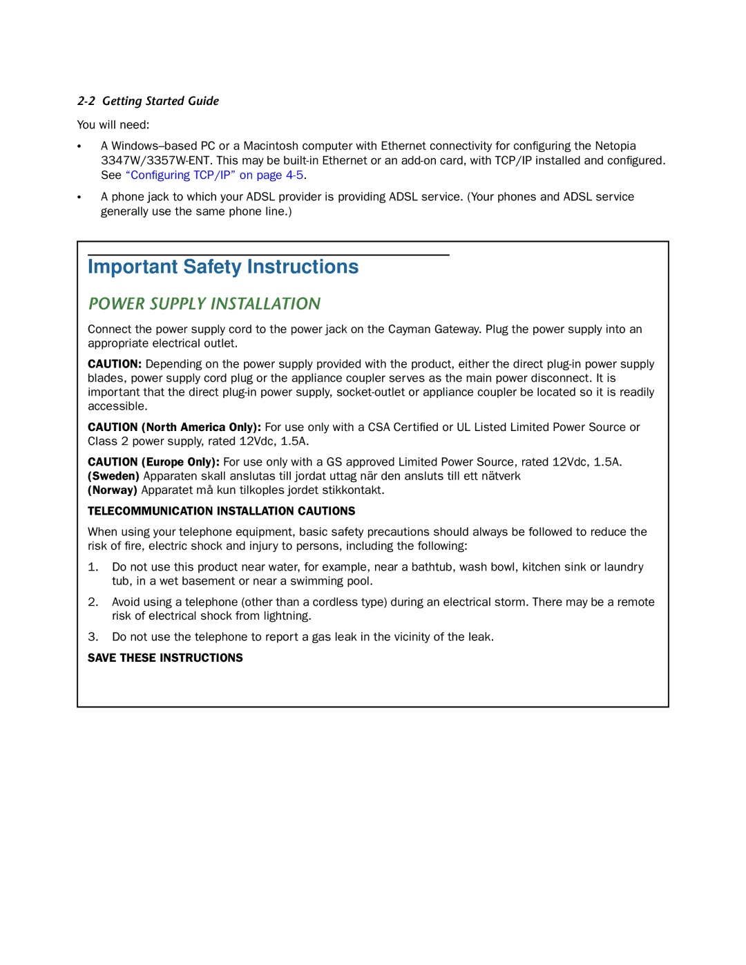 Netopia 3357W-ENT, 3347W manual Important Safety Instructions, Power Supply Installation 