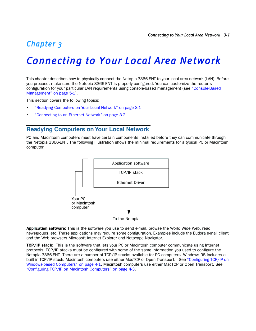 Netopia 3366C-ENT manual Connecting to Your Local Area Network, Readying Computers on Your Local Network 