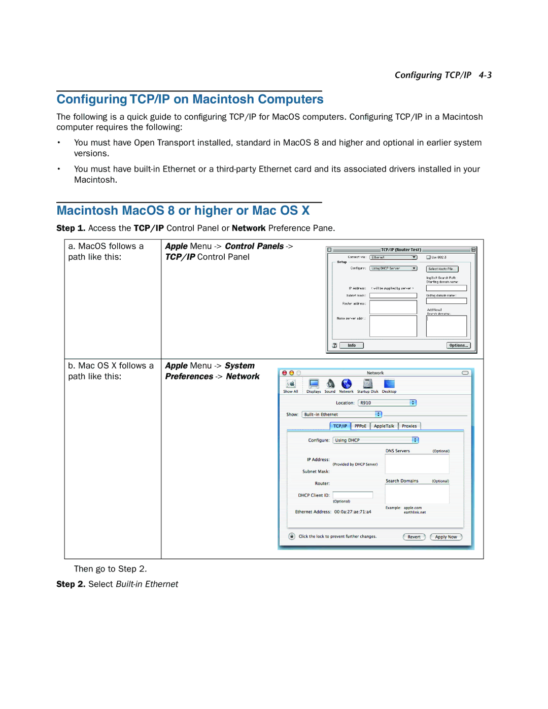 Netopia 3366C-ENT manual Conﬁguring TCP/IP on Macintosh Computers, Macintosh MacOS 8 or higher or Mac OS 