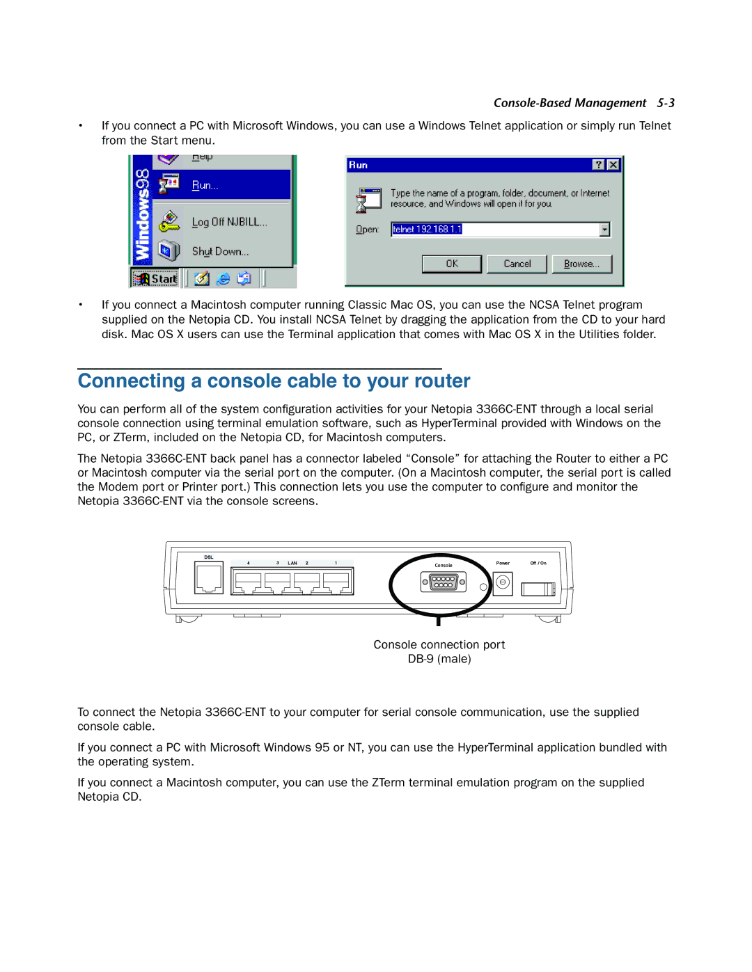 Netopia 3366C-ENT manual Connecting a console cable to your router 