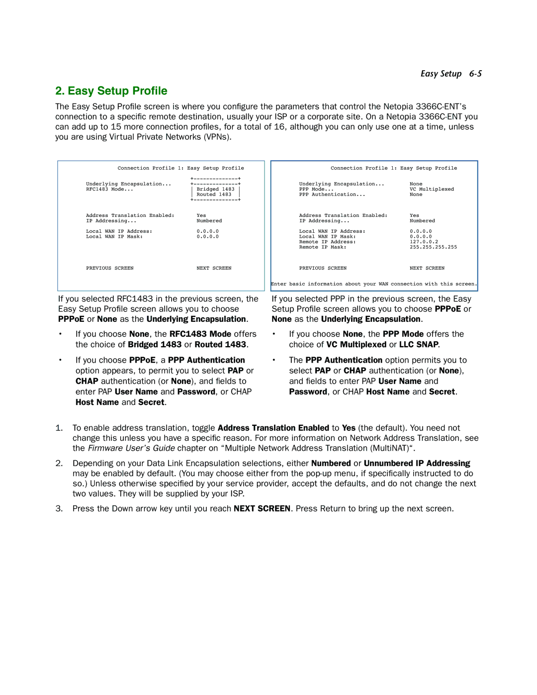 Netopia 3366C-ENT manual Easy Setup Proﬁle 