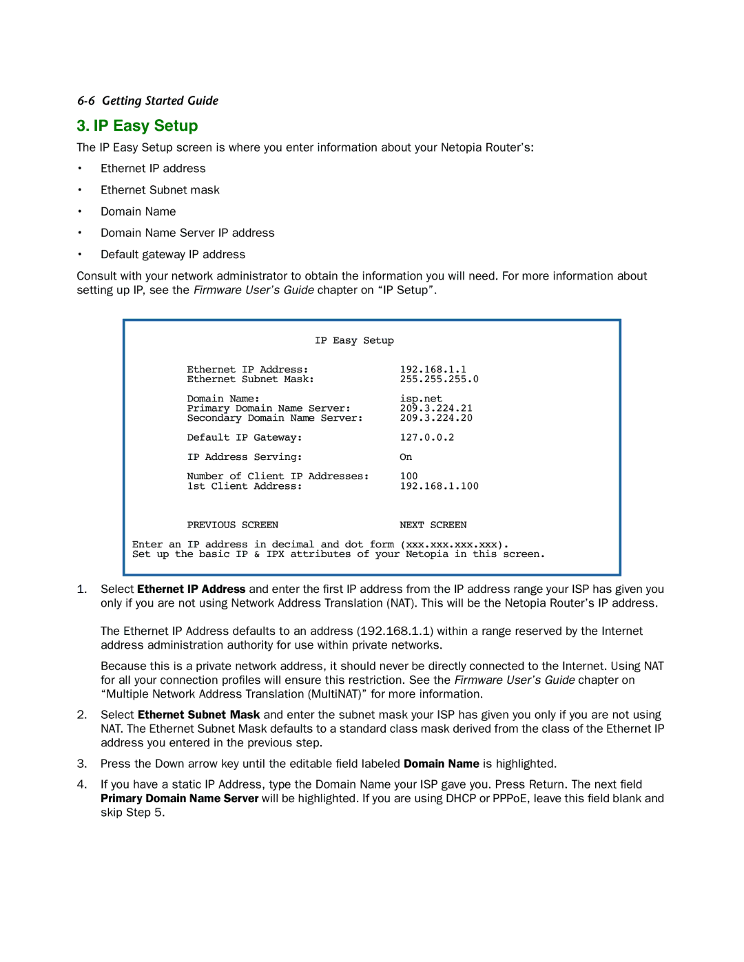 Netopia 3366C-ENT manual IP Easy Setup, Previous Screen Next Screen 