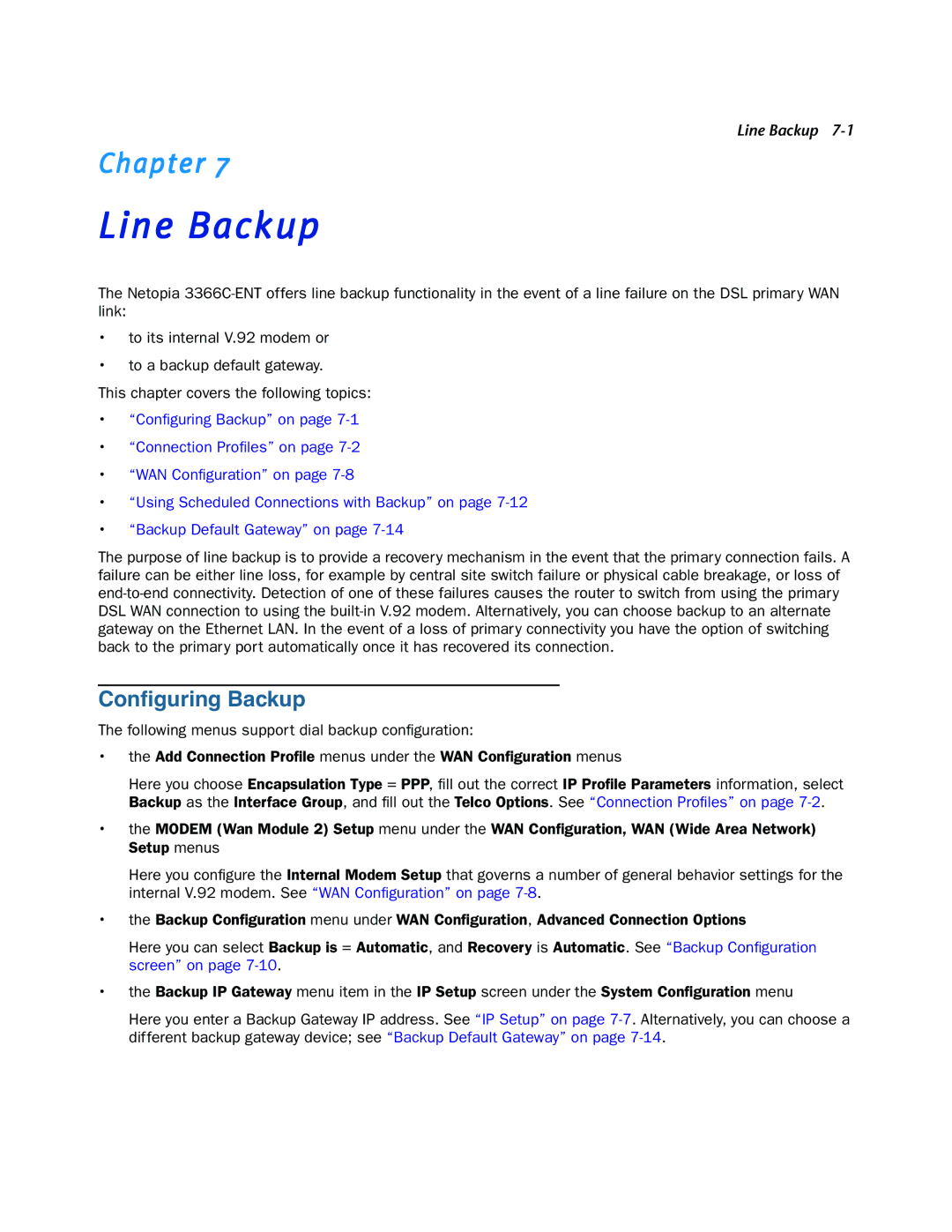 Netopia 3366C-ENT manual Line Backup, Conﬁguring Backup 